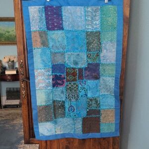 Vintage Patchwork Quilt Wall Hanging, Tapestry, Handmade, India, Blue